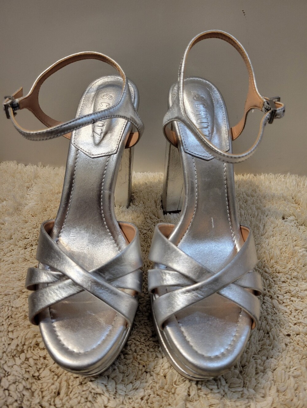 Schutz Keefa Silver Ankle-Strap Platform Sandals Size 8
